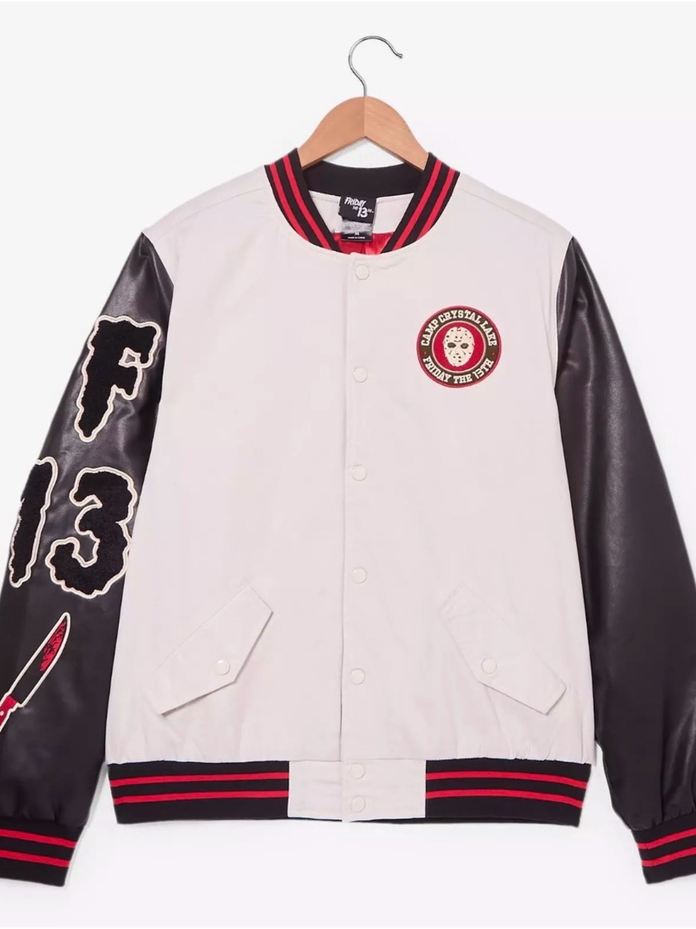 Camp Crystal Lake White & Black Varsity Bomber Jacket - Horror Patch